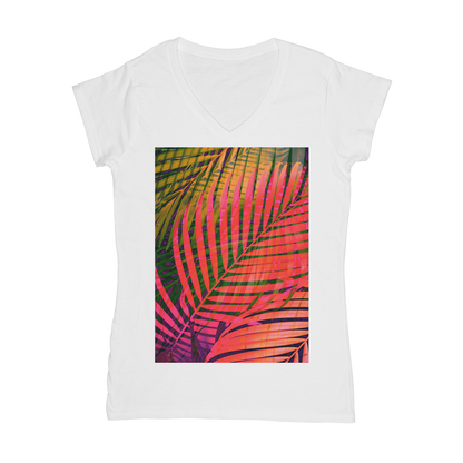 VIRGIN TEEZ Women T-shirt White / Female / S COLORFUL TROPICAL LEAVES no4 Classic Women's V-Neck T-Shirt