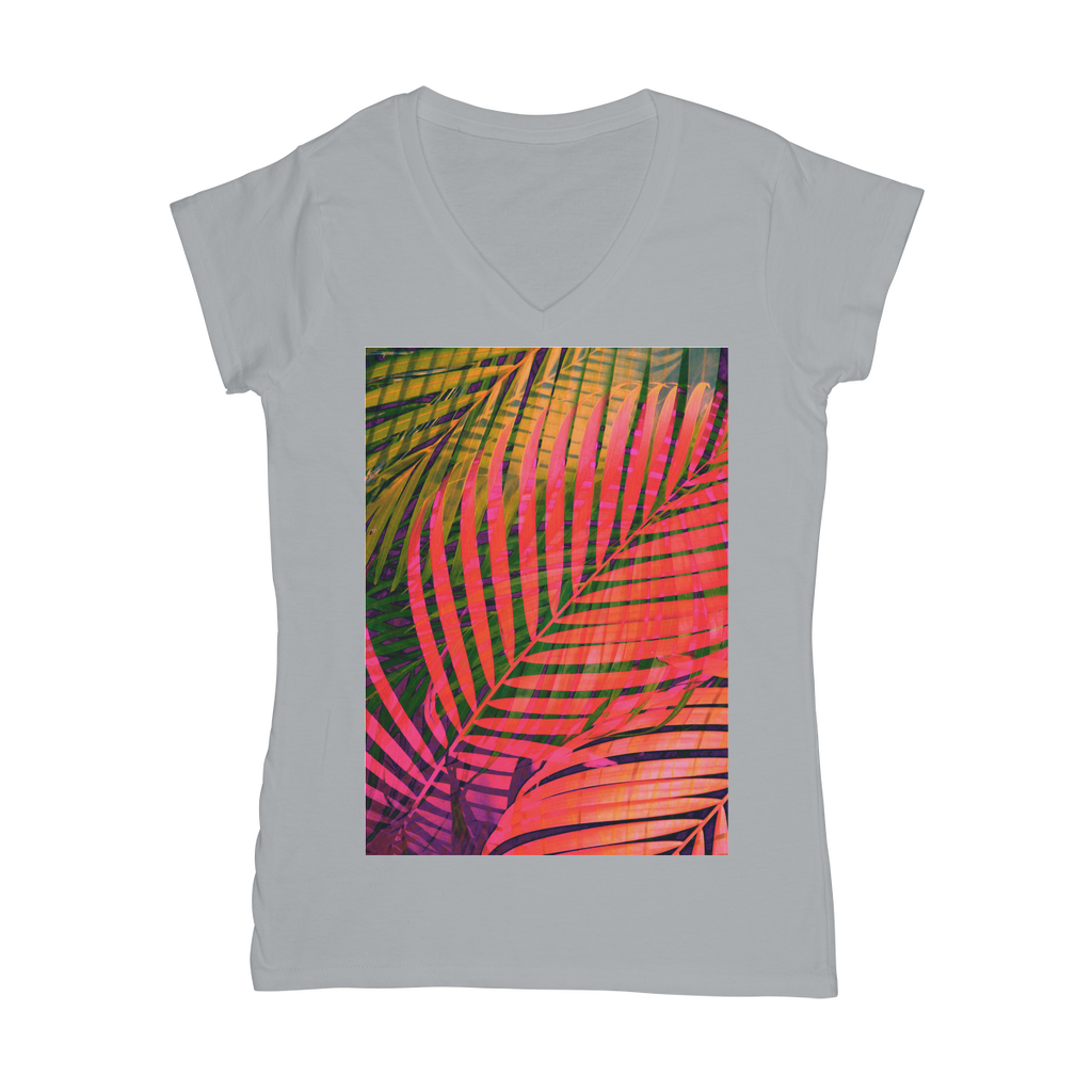 VIRGIN TEEZ Women T-shirt Light Grey / Female / S COLORFUL TROPICAL LEAVES no4 Classic Women's V-Neck T-Shirt