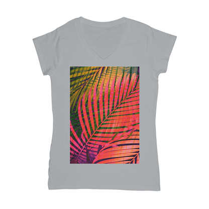 VIRGIN TEEZ Women T-shirt Light Grey / Female / S COLORFUL TROPICAL LEAVES no4 Classic Women's V-Neck T-Shirt