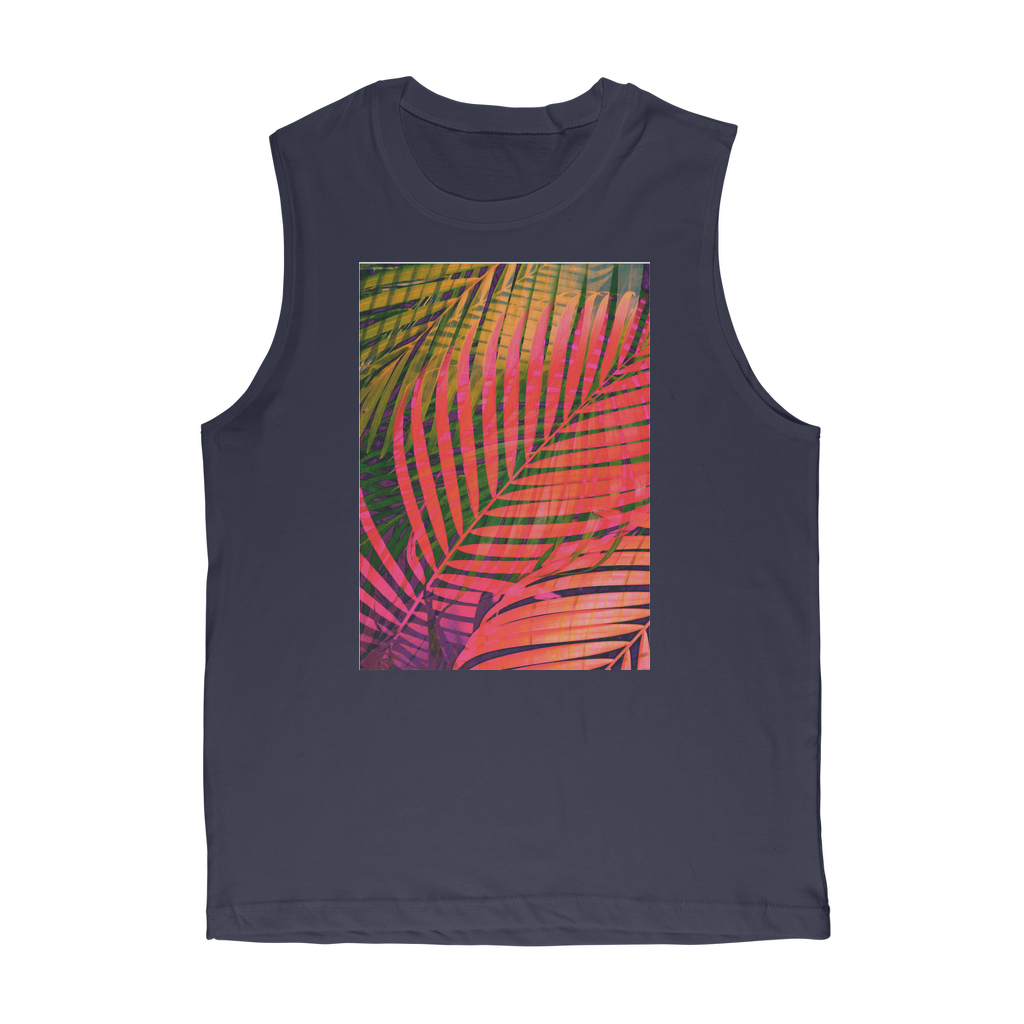 VIRGIN TEEZ Tank Top Navy / Unisex / S COLORFUL TROPICAL LEAVES no4 Premium Adult Muscle Top