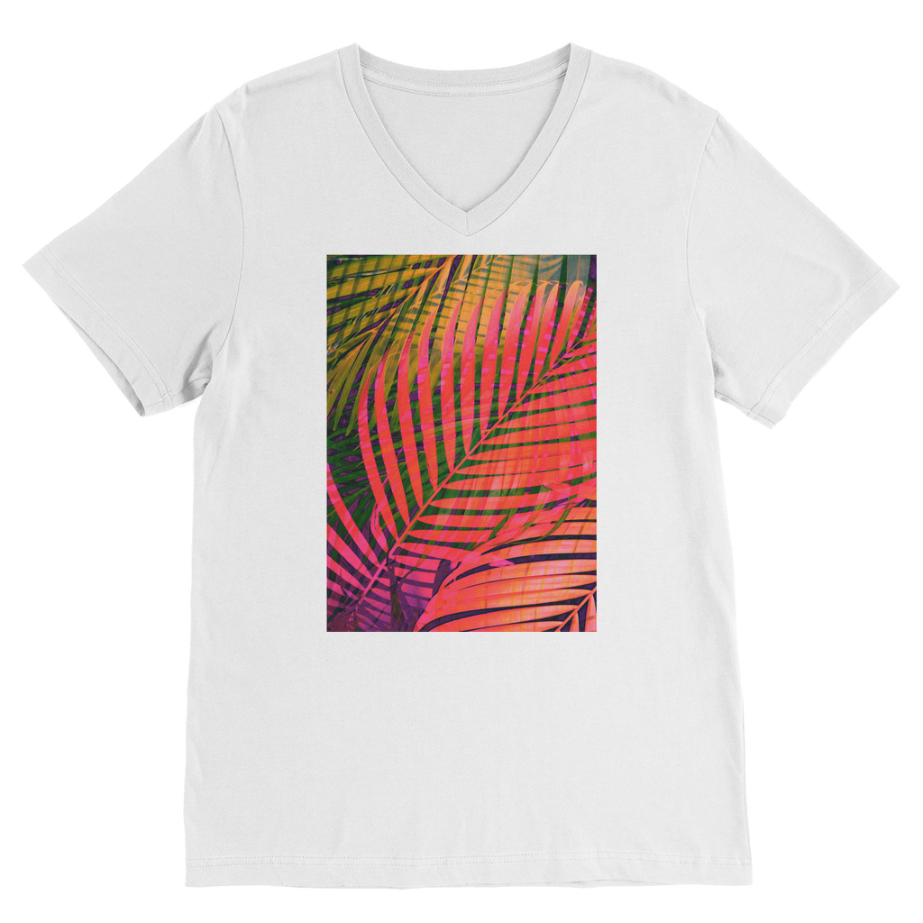 VIRGIN TEEZ Men T-Shirts White / Unisex / S COLORFUL TROPICAL LEAVES no4 Premium V-Neck T-Shirt