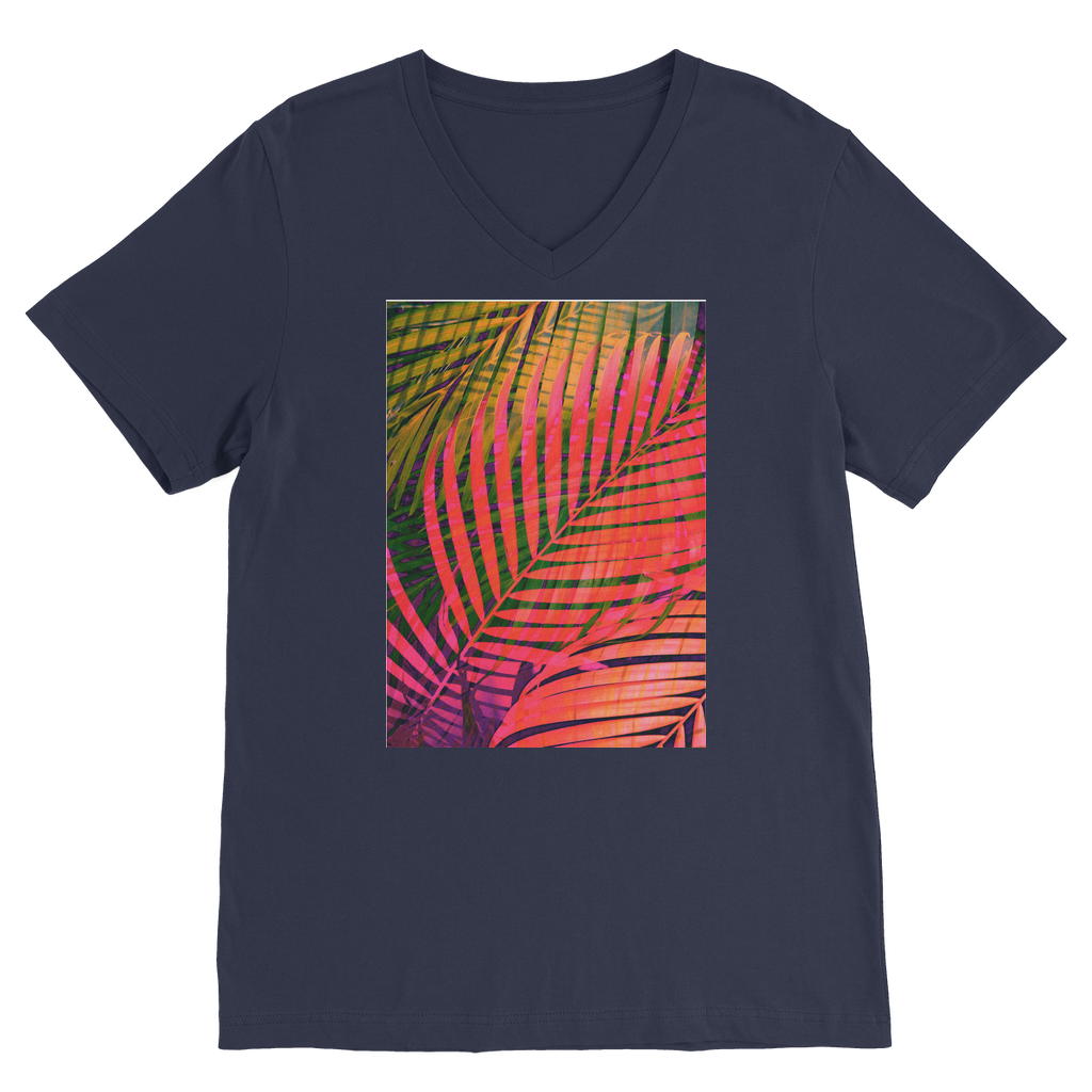 VIRGIN TEEZ Men T-Shirts Navy / Unisex / S COLORFUL TROPICAL LEAVES no4 Premium V-Neck T-Shirt