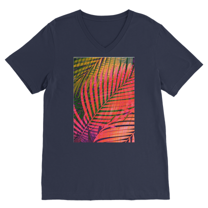 VIRGIN TEEZ Men T-Shirts Navy / Unisex / S COLORFUL TROPICAL LEAVES no4 Premium V-Neck T-Shirt