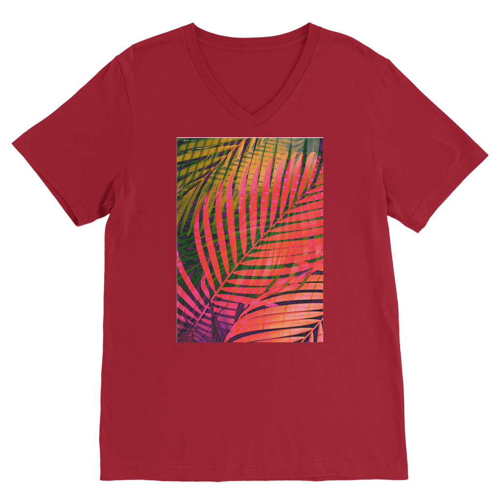 VIRGIN TEEZ Men T-Shirts Red / Unisex / S COLORFUL TROPICAL LEAVES no4 Premium V-Neck T-Shirt