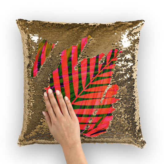 VIRGIN TEEZ Sequin Cover Gold / White COLORFUL TROPICAL LEAVES no4 Sequin Cushion Cover