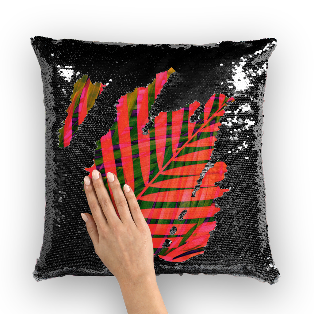 VIRGIN TEEZ Sequin Cover Black / White COLORFUL TROPICAL LEAVES no4 Sequin Cushion Cover