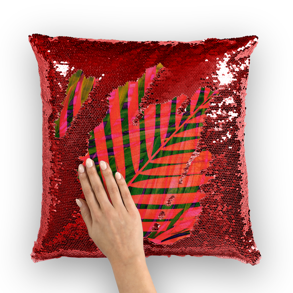 VIRGIN TEEZ Sequin Cover Red / White COLORFUL TROPICAL LEAVES no4 Sequin Cushion Cover