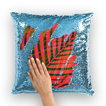 VIRGIN TEEZ Sequin Cover Light Blue / White COLORFUL TROPICAL LEAVES no4 Sequin Cushion Cover