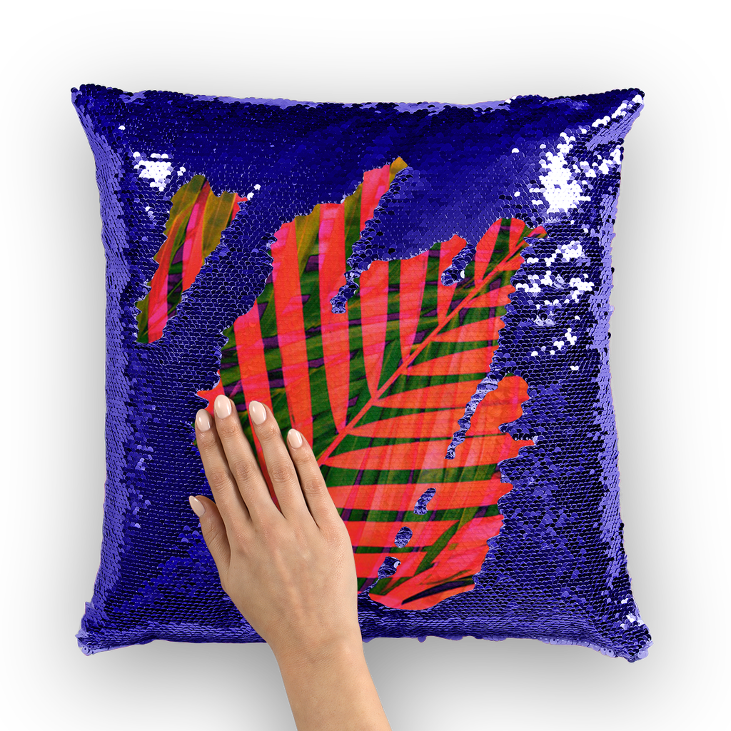 VIRGIN TEEZ Sequin Cover Navy / Silver COLORFUL TROPICAL LEAVES no4 Sequin Cushion Cover