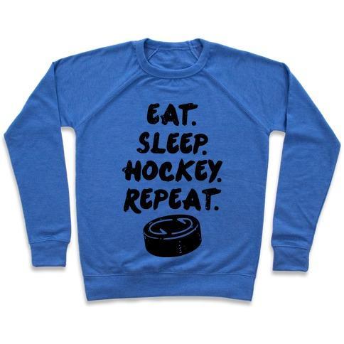 Virgin Teez  Pullover Crewneck Sweatshirt / x-small / Heathered Blue EAT SLEEP HOCKEY CREWNECK SWEATSHIRT