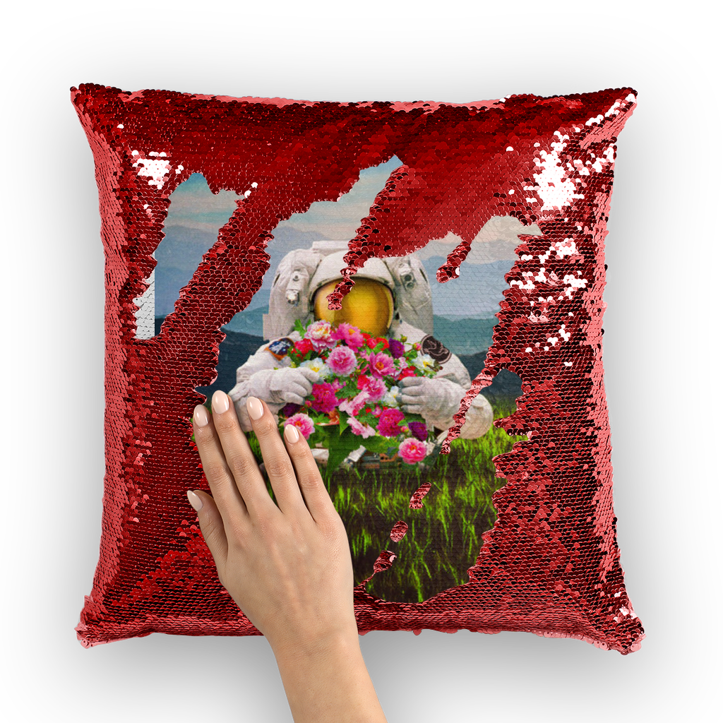 VIRGIN TEEZ Sequin Cover Red / White Escape the Universe Sequin Cushion Cover