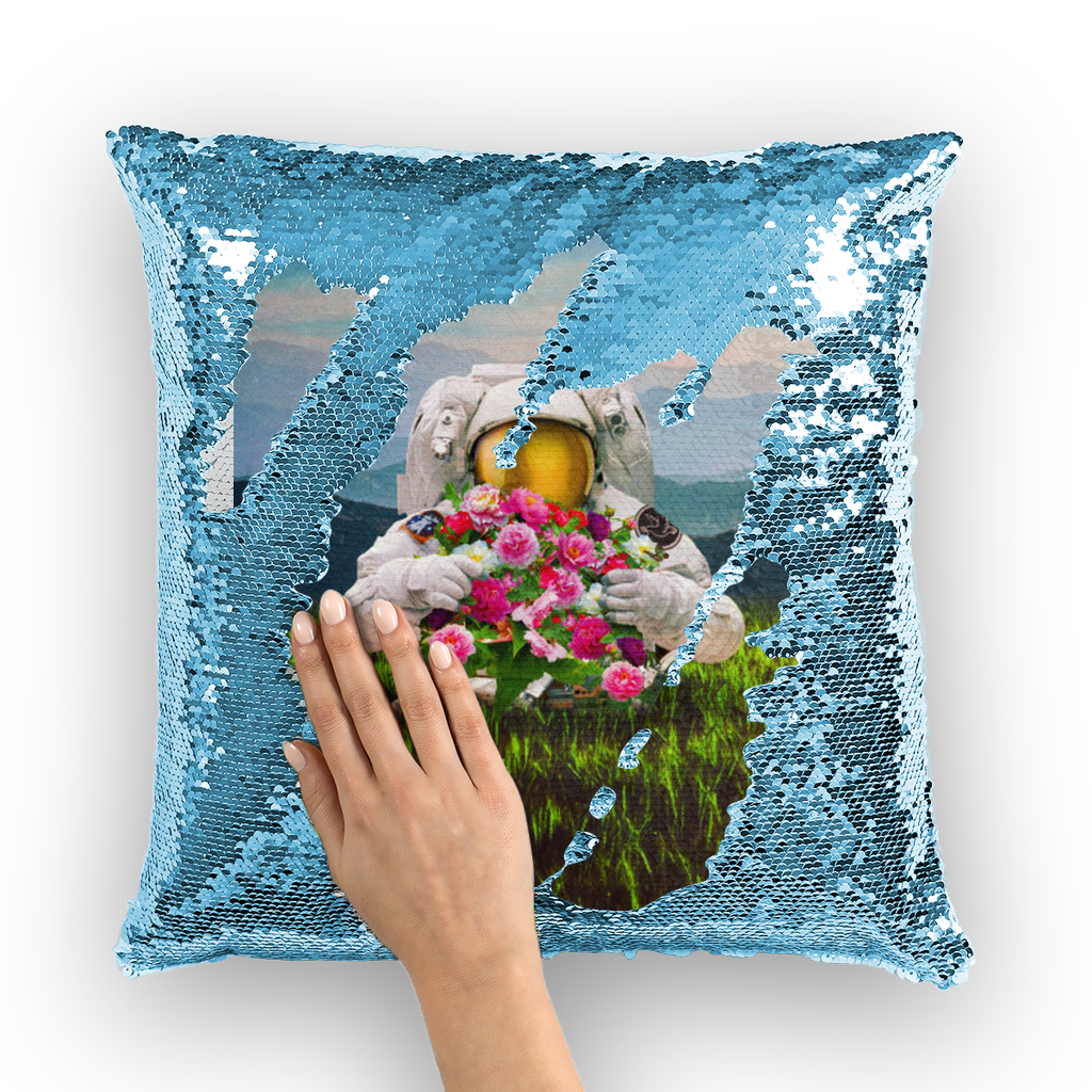 VIRGIN TEEZ Sequin Cover Light Blue / White Escape the Universe Sequin Cushion Cover