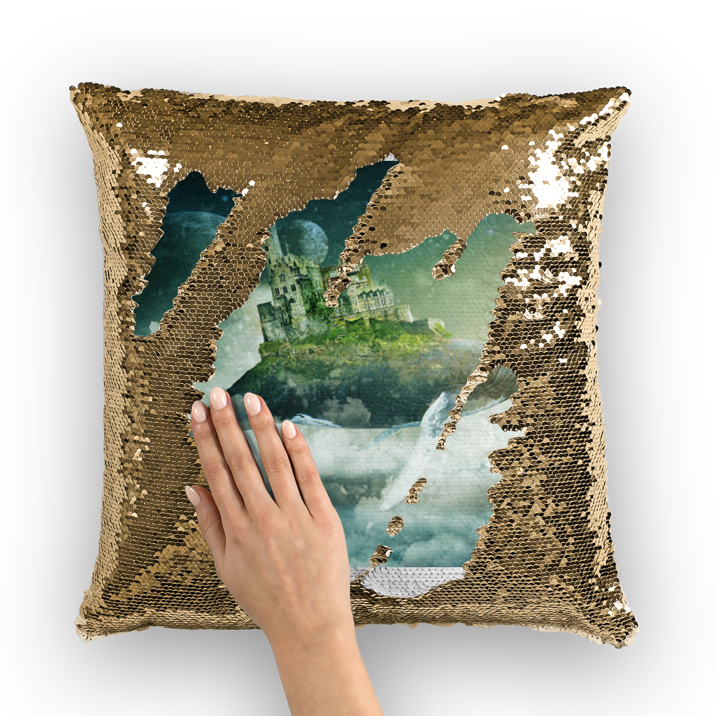 VIRGIN TEEZ Sequin Cover Gold / White Flying Over The World Sequin Cushion Cover