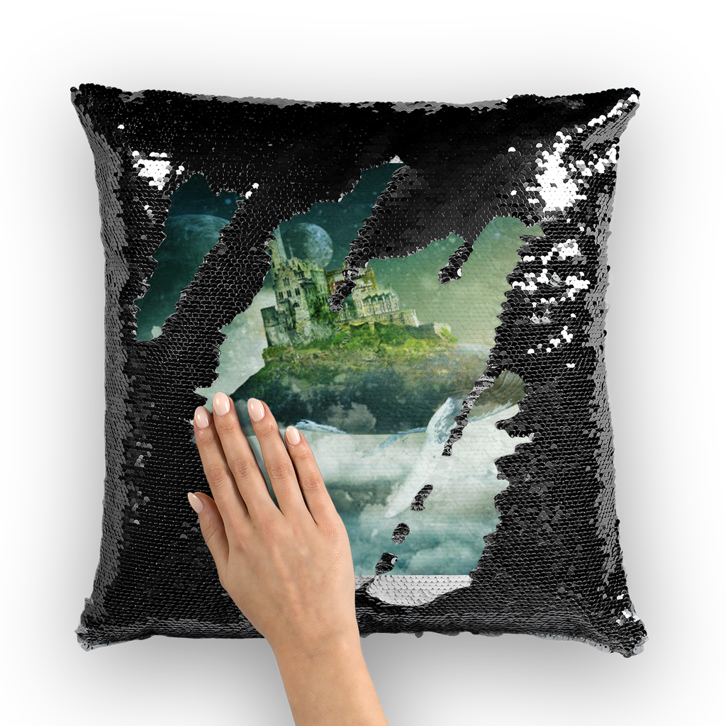 VIRGIN TEEZ Sequin Cover Black / White Flying Over The World Sequin Cushion Cover