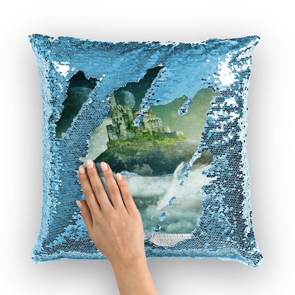 VIRGIN TEEZ Sequin Cover Light Blue / White Flying Over The World Sequin Cushion Cover