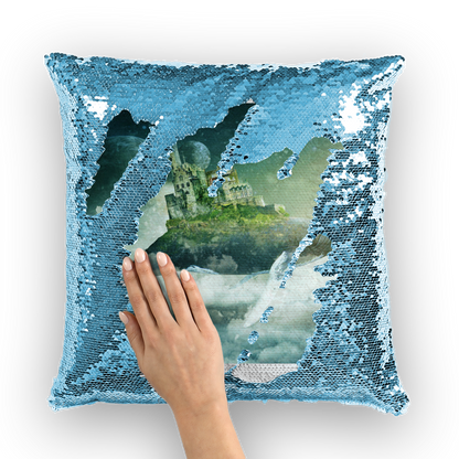 VIRGIN TEEZ Sequin Cover Light Blue / White Flying Over The World Sequin Cushion Cover