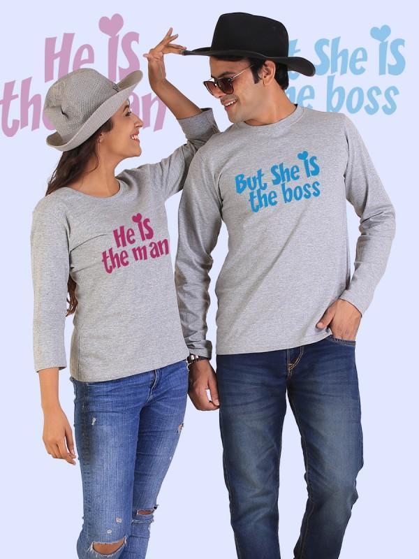 HUM TUM T-SHIRT He is the Man, She is the Boss Couple Full Sleeves Gray