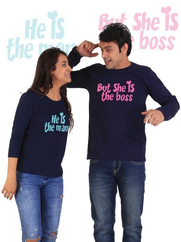 HUM TUM T-SHIRT He is the Man, She is the Boss Couple Full Sleeves Navy Blue