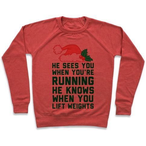 Virgin Teez  Pullover Crewneck Sweatshirt / x-small / Heathered Red HE SEES YOU CREWNECK SWEATSHIRT