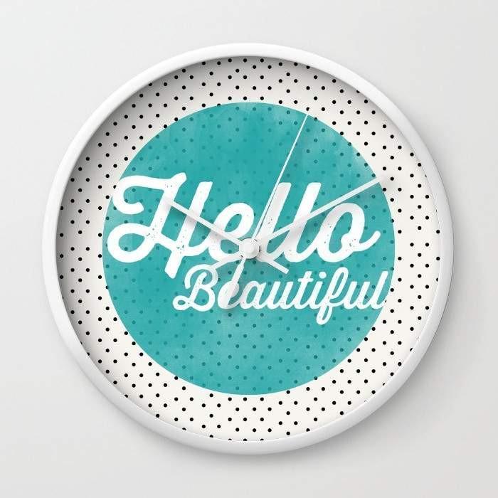 Dany Designs Wall Clock Hello Beautiful Teal Dots typography Wall clock