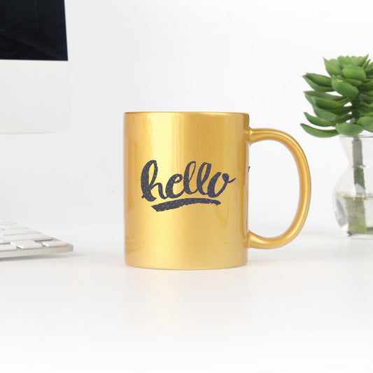 Hello Dots Yellow Hand Lettering Gold & Silver Mug