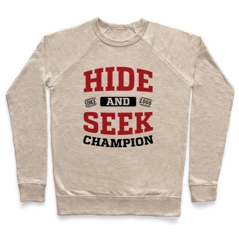 Virgin Teez  Pullover Crewneck Sweatshirt / x-small / Heathered Oatmeal HIDE AND SEEK CHAMPION CREWNECK SWEATSHIRT