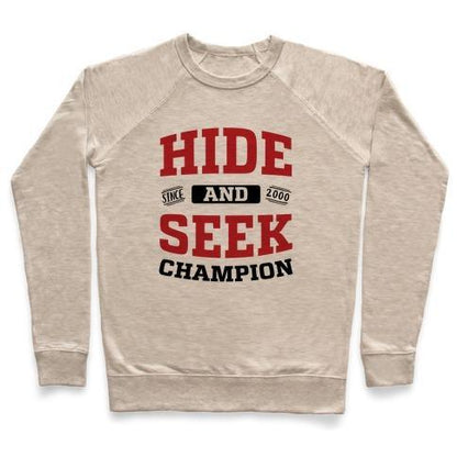 Virgin Teez  Pullover Crewneck Sweatshirt / x-small / Heathered Oatmeal HIDE AND SEEK CHAMPION CREWNECK SWEATSHIRT