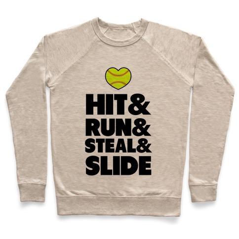 Virgin Teez  Pullover Crewneck Sweatshirt / x-small / Heathered Oatmeal HIT & RUN & STEAL & SLIDE CREWNECK SWEATSHIRT