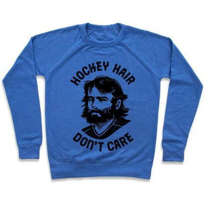 Virgin Teez  Pullover Crewneck Sweatshirt / x-small / Heathered Blue HOCKEY HAIR DON'T CARE CREWNECK SWEATSHIRT