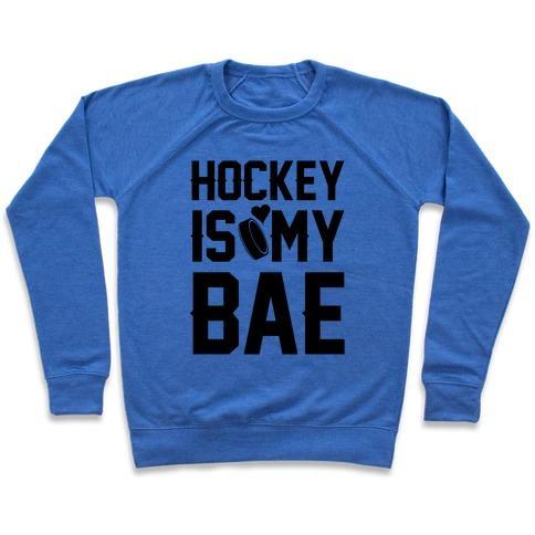 Virgin Teez  Pullover Crewneck Sweatshirt / x-small / Heathered Blue HOCKEY IS MY BAE CREWNECK SWEATSHIRT