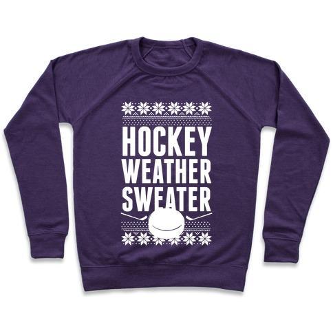 Virgin Teez  Pullover Crewneck Sweatshirt / x-small / Purple HOCKEY WEATHER SWEATER (WHITE INK) CREWNECK SWEATSHIRT