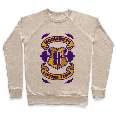 Virgin Teez  Pullover Crewneck Sweatshirt / x-small / Heathered Oatmeal HOGWARTS LIFTING TEAM CREWNECK SWEATSHIRT