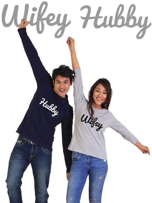 HUM TUM T-SHIRT Hubby Wifey Couple Full Sleeves Gray and Navy