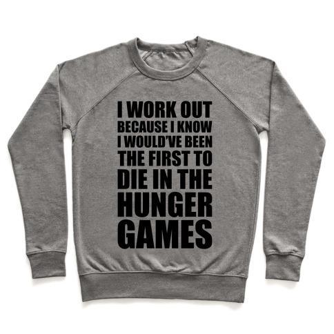 Virgin Teez  Pullover Crewneck Sweatshirt / x-small / Heathered Gray HUNGER GAMES WORKOUT CREWNECK SWEATSHIRT