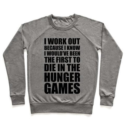 Virgin Teez  Pullover Crewneck Sweatshirt / x-small / Heathered Gray HUNGER GAMES WORKOUT CREWNECK SWEATSHIRT