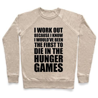 Virgin Teez  Pullover Crewneck Sweatshirt / x-small / Heathered Oatmeal HUNGER GAMES WORKOUT CREWNECK SWEATSHIRT