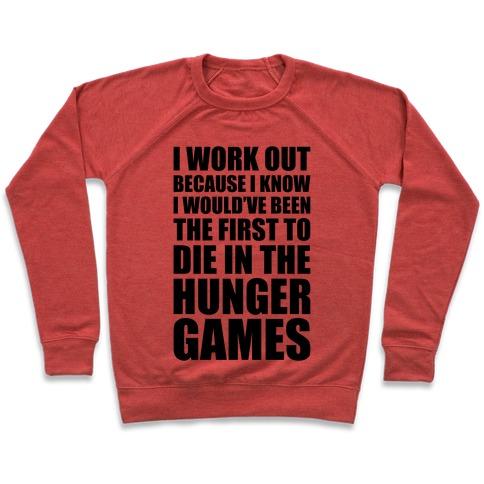 Virgin Teez  Pullover Crewneck Sweatshirt / x-small / Heathered Red HUNGER GAMES WORKOUT CREWNECK SWEATSHIRT