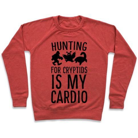 Virgin Teez  Pullover Crewneck Sweatshirt / x-small / Heathered Red HUNTING FOR CRYPTIDS IS MY CARDIO CREWNECK SWEATSHIRT