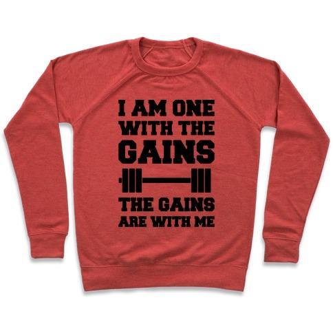 Virgin Teez  Pullover Crewneck Sweatshirt / x-small / Heathered Red I AM ONE WITH THE GAINS THE GAINS ARE WITH ME PARODY CREWNECK SWEATSHIRT