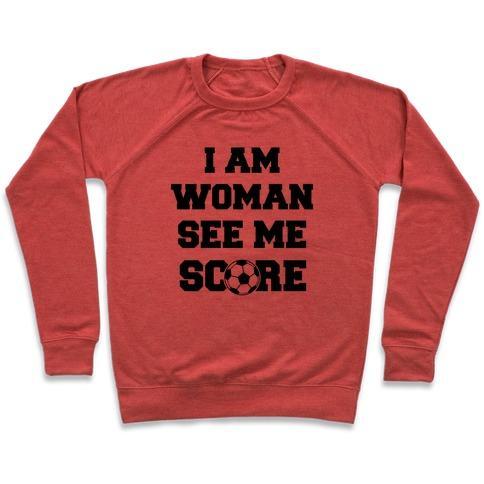 Virgin Teez  Pullover Crewneck Sweatshirt / x-small / Heathered Red I AM WOMAN SEE ME SCORE CREWNECK SWEATSHIRT