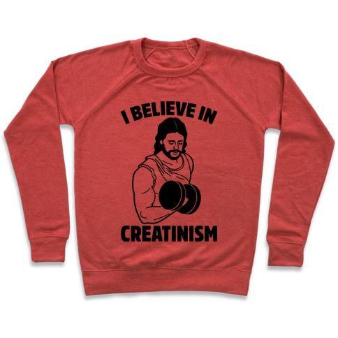 Virgin Teez  Pullover Crewneck Sweatshirt / x-small / Heathered Red I BELIEVE IN CREATINISM CREWNECK SWEATSHIRT