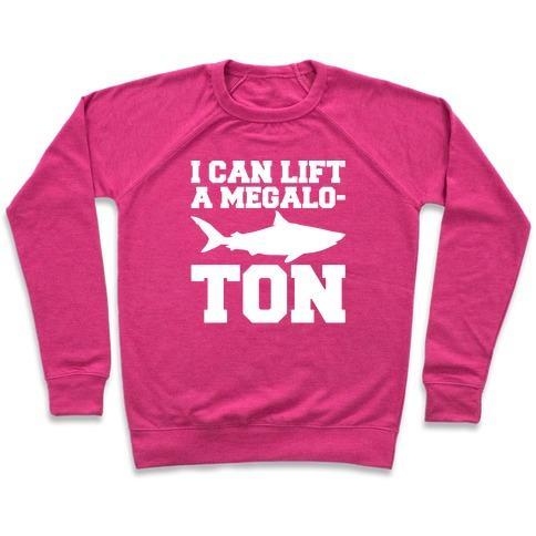 Virgin Teez  Pullover Crewneck Sweatshirt / x-small / Deep Pink I CAN LIFT A MEGALO-TON WHITE PRINT CREWNECK SWEATSHIRT