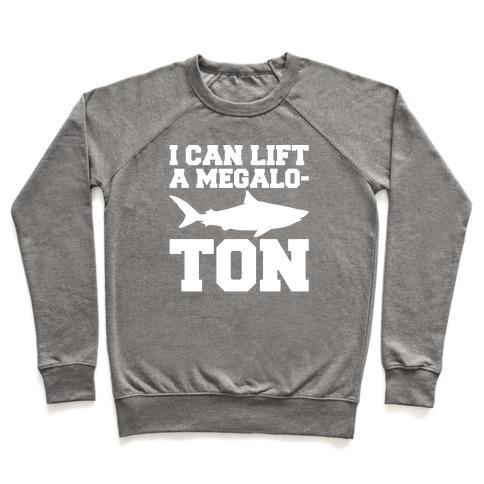 Virgin Teez  Pullover Crewneck Sweatshirt / x-small / Heathered Gray I CAN LIFT A MEGALO-TON WHITE PRINT CREWNECK SWEATSHIRT