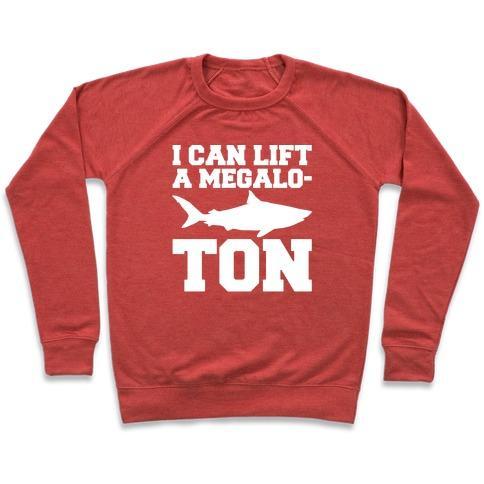 Virgin Teez  Pullover Crewneck Sweatshirt / x-small / Heathered Red I CAN LIFT A MEGALO-TON WHITE PRINT CREWNECK SWEATSHIRT