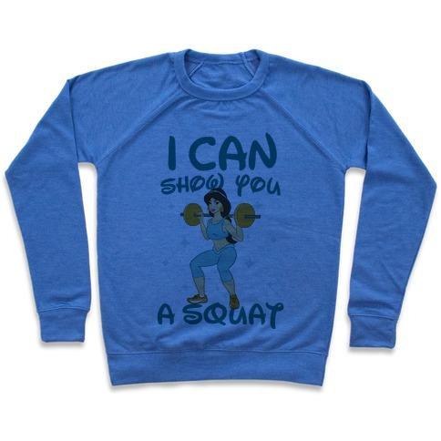 Virgin Teez  Pullover Crewneck Sweatshirt / x-small / Heathered Blue I CAN SHOW YOU A SQUAT CREWNECK SWEATSHIRT