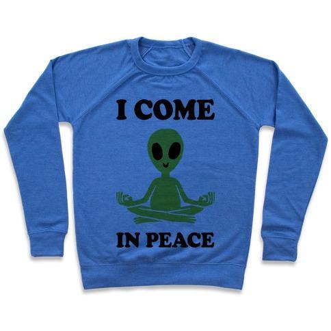 Virgin Teez  Pullover Crewneck Sweatshirt / x-small / Heathered Blue I COME IN PEACE CREWNECK SWEATSHIRT