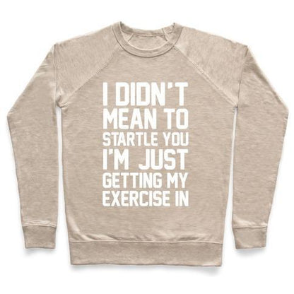 Virgin Teez  Pullover Crewneck Sweatshirt / x-small / Heathered Oatmeal I DIDN'T MEAN TO STARTLE YOU I'M JUST GETTING MY EXERCISE IN CREWNECK SWEATSHIRT