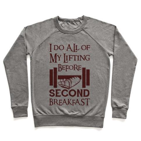 Virgin Teez  Pullover Crewneck Sweatshirt / x-small / Heathered Gray I DO ALL OF MY LIFTING BEFORE SECOND BREAKFAST CREWNECK SWEATSHIRT