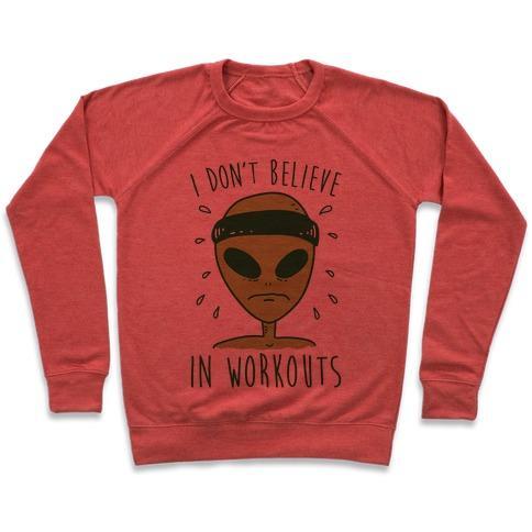 Virgin Teez  Pullover Crewneck Sweatshirt / x-small / Heathered Red I DON'T BELIEVE IN WORKOUTS CREWNECK SWEATSHIRT