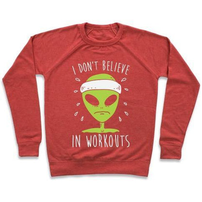 Virgin Teez  Pullover Crewneck Sweatshirt / x-small / Heathered Red I DON'T BELIEVE IN WORKOUTS CREWNECK SWEATSHIRT